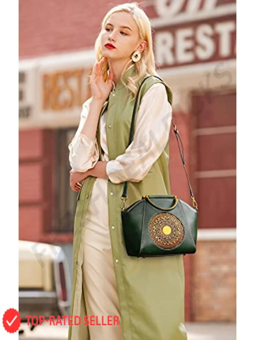 Vintage Genuine Leather Embossed Tote Satchel Handbag, Crossbody Bag, Top